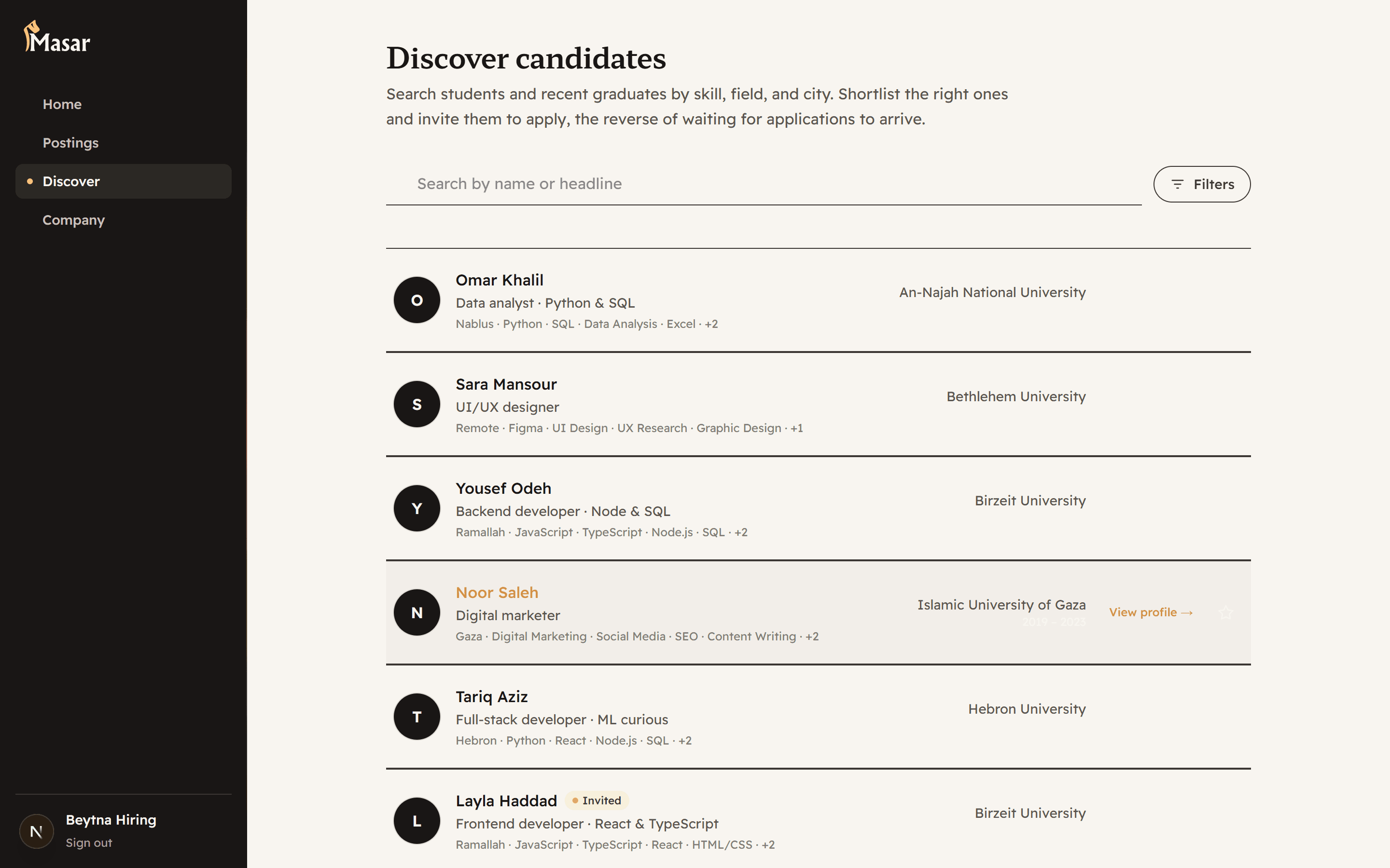 The Masar employer dashboard: discovering and shortlisting candidates by skill, field, and city.