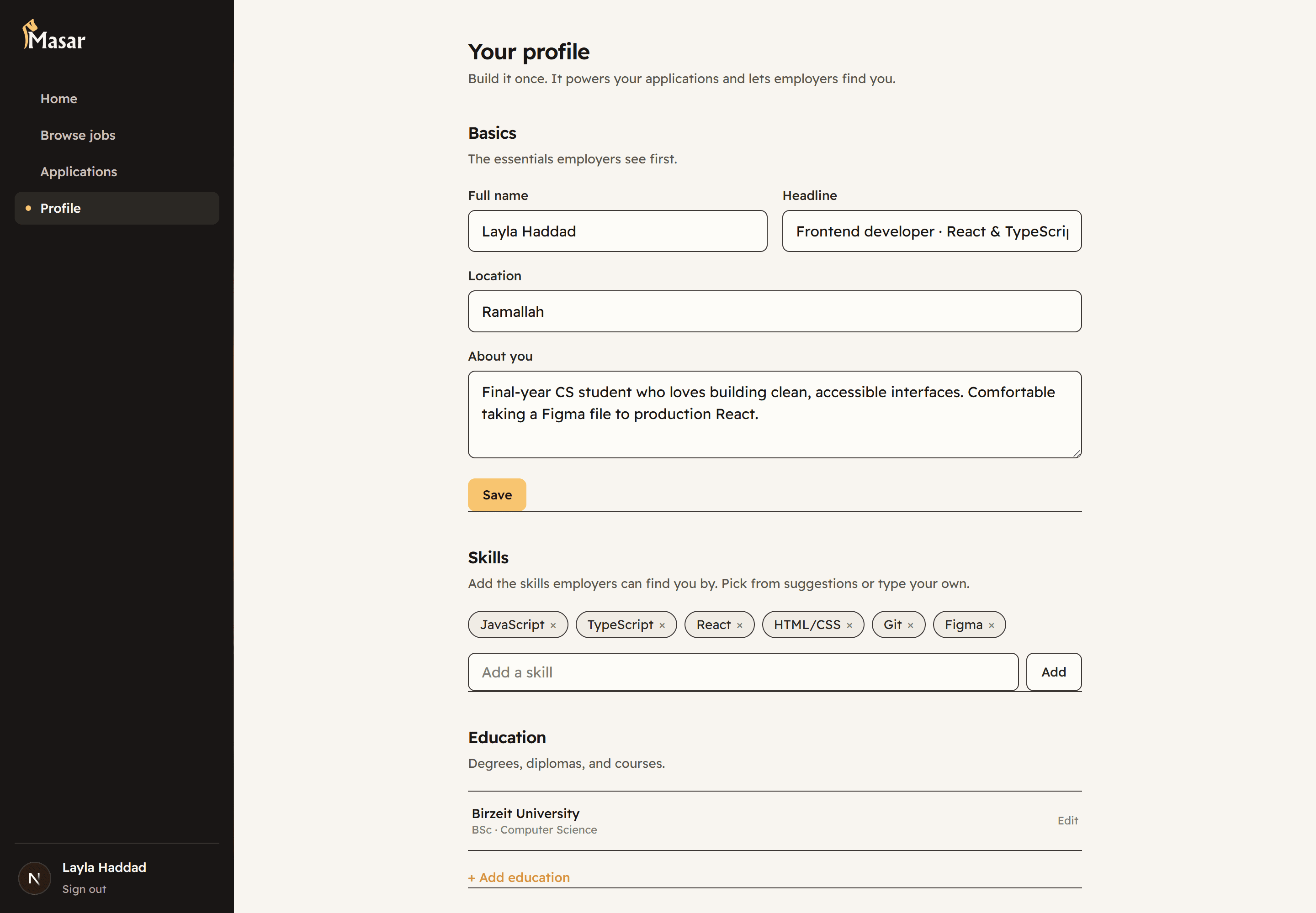 The Masar student profile builder: skills, education, and experience as structured fields.